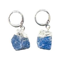 Brinco Pedra Natural Quartzo Azul Bruta Banhado Ouro Prata