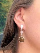 Brinco Pedra Olho De Tigre E Zircônia Prata 925 Ref. 1123