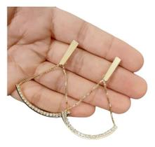 Brinco Pedra Zirconia Festa Leque Pendurado F. Ouro 18k