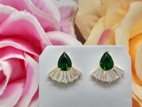 Brinco Pedra Zirconia Festa Rosa Verde Leque Gota