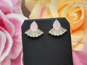 Brinco Pedra Zirconia Festa Rosa Verde Leque Gota