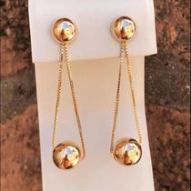 Brinco Pendente Festa Pingente Minimalista Esferas Banhado A Ouro 18k Dourado