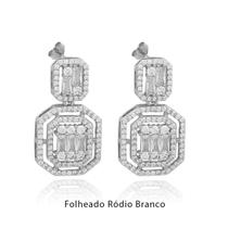 Brinco Pendente Pedra Retangular de Zircônia Folheado Ródio Branco Brinco Pendente Pedra Retangular de Zircônia Folheado Ródio Branco