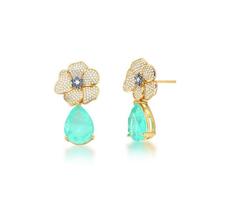 BRINCO PÊNDULO 2 x 1 DE FLOR CRAVEJADO E GOTA TURMALINA FUSION BANHADO A OURO BRINCO PÊNDULO 2 x 1 DE FLOR CRAVEJADO E GOTA TURMALINA FUSION BANHADO A OURO