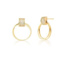 Brinco Pêndulo com Três Elos e Base Cravejada Banhado a Ouro - VIDIÈ