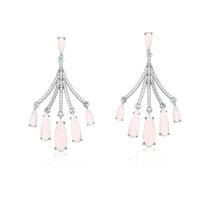 Brinco Pêndulo Leque com Cabochões Rosas Folheado a Ródio