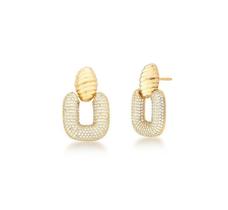 Brinco Pêndulo Retangular Cravejado com Base Casulo Banhado a Ouro - 2,8 cm x 1,8 cm