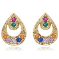 Brinco Pequeno Banhado a Ouro 18k Pedras Coloridas Feminino