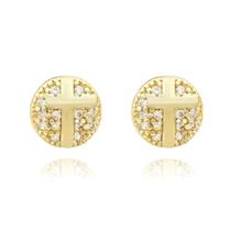 Brinco Pequeno Circular Cruz Com Pedras Cravejadas Banhado a Ouro 18k
