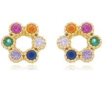 Brinco Pequeno Florzinha Colorida Pedras Zircônia Ouro 18k