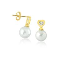 Brinco Pérola Com Base Coração De Zircônias Folheado A Ouro