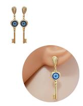 Brinco Pingente Chave Símbolo Olho Grego Folheado Ouro 18k