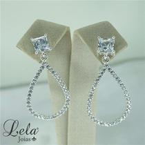 Brinco prata 925 base quadrada em zirconia com gota vazada cravejada
