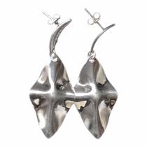 Brinco Prata 925 Legítima Feminino Folha Amassada Pendurar 4,4cm Moderno Brinco Prata 925 Legítima Feminino Folha Amassada Pendurar 4,4cm Moderno