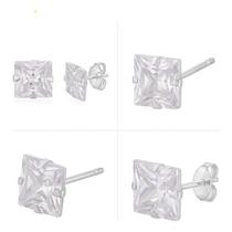 Brinco Prata 925 Zirconia Quadrado Cristal 10mm