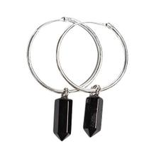 Brinco Prata 950 Pontinha na Argola Pedra Obsidiana Negra