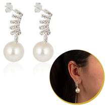 Brinco Prata Com Strass Zircônia e Pérola Feminino
