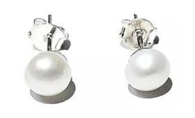 Brinco Prata Solitario Perola Natural Botão 6mm