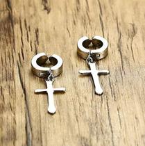 Brinco Pressão crucifixo cruz argola Não Precisa Furo na orelha Prateado prata/ preto masculino feminino Aço inox