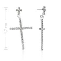 Brinco PRI Style Crucifixo Duplo Folheado A Prata Antialérgico Com Strass
