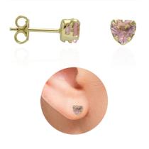 Brinco PRI Style Solitário Folheado A Ouro 18K Antialérgico Com Pedra De Vidro Lapidado De Coração