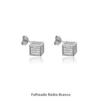 Brinco Quadrado Todo Cravejado Zircônias Folheado Ródio Branco Brinco Quadrado Todo Cravejado Zircônias Folheado Ródio Branco