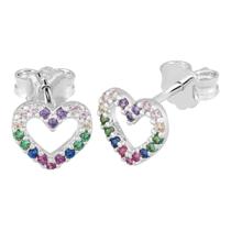 BRINCO RAINBOW HEART PRATA COM ZIRCÔNIAS COLORIDAS 8x8mm