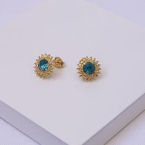 Brinco Redondo Picotado Folheado a Ouro Cristal Aquamarine