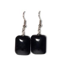 Brinco Retangular de Pedra Obsidiana Negra com Anzol Prateado - Joia Artesanal Brinco Retangular de Pedra Obsidiana Negra com Anzol Prateado - Joia Artesanal