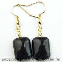 Brinco Retangular Pedra Obsidiana Negra Montagem Anzol Dourado - CristaisdeCurvelo