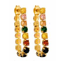 Brinco Riviera de Zircônias Colorida Argola Banhado a Ouro 18k