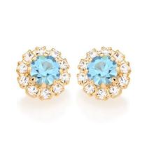 Brinco Rommanel Banhado A Ouro 18k Flor De Cristais Branco E Azul Claro 523485