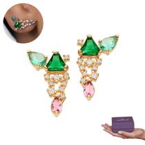 Brinco Rommanel Banhado Ouro 18K Abstrato Com Cristais e Zirconias 527595 Brinco Rommanel Banhado Ouro 18K Abstrato Com Cristais e Zirconias 527595