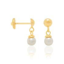 Brinco Rommanel folheado a ouro infantil pérola pendurada