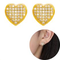 Brinco Semi Joias Feminino Coração Pavê Cravejado Banho Ouro 18k Rodio Branco Zirconia Semijoia Garantia Noiva Festa