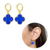 Brinco Trevo Azul Dourado Modelo Virgínia Banhado Ouro 18k