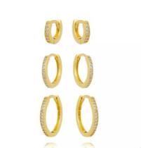 Brinco Trio Argola Cravejado Zirconia Banhado Ouro 18K Brinco Trio Argola Cravejado Zirconia Banhado Ouro 18K