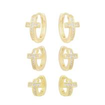 Brinco Trio Argola Cruz Pedra Zirconia Folheado Ouro Dourado