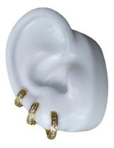 Brinco Trio Argola Pedra Zirconia Folheado A Ouro Dourado