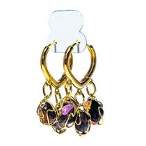 Brinco Trio do Coração Ametista Dourado Fecho Tranqueta Brinco Trio do Coração Ametista Dourado Fecho Tranqueta