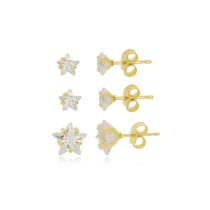 Brinco Trio Estrelas Zircônia Banhado A Ouro 18K
