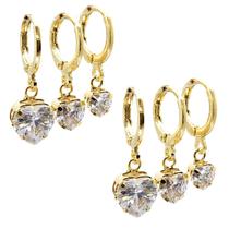 Brinco Trio Feminino Banhado a Ouro - 1º 2º e 3º Furo Pedras Coração