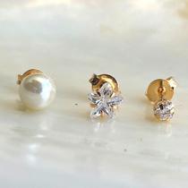 Brinco trio pérola, zirc e estrela banhado a ouro 08.3349