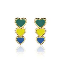 Brinco triplo coração esmaltado verde amarelo azul brasil banhado a ouro 18k Brinco triplo coração esmaltado verde amarelo azul brasil banhado a ouro 18k