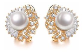 Brinco Zirconia E Pérola Dourado Noiva Redondo Moda Festa