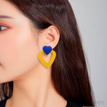 Brincos Amarelo E Azul Coração Delicado Feminino Vazado Luxo -
