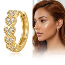 Brincos Argola Cravejada em Corações Banho de Ouro 18k Minimalista Zirconia Delicada Luxo Casual