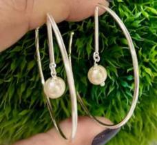 Brincos Argolas 5cm Pérolas Brancas k Semijóia Ouro 18k,Pingente Pérolas