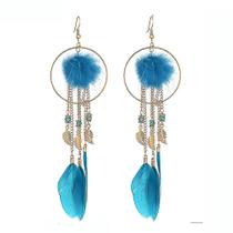 Brincos brincos longos bola de pele 3d franja de penas liga azul opala eardrops para casamento