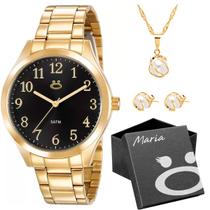 Brincos + caixa + relogio feminino dourado aço inox + colar casual presente moda social strass